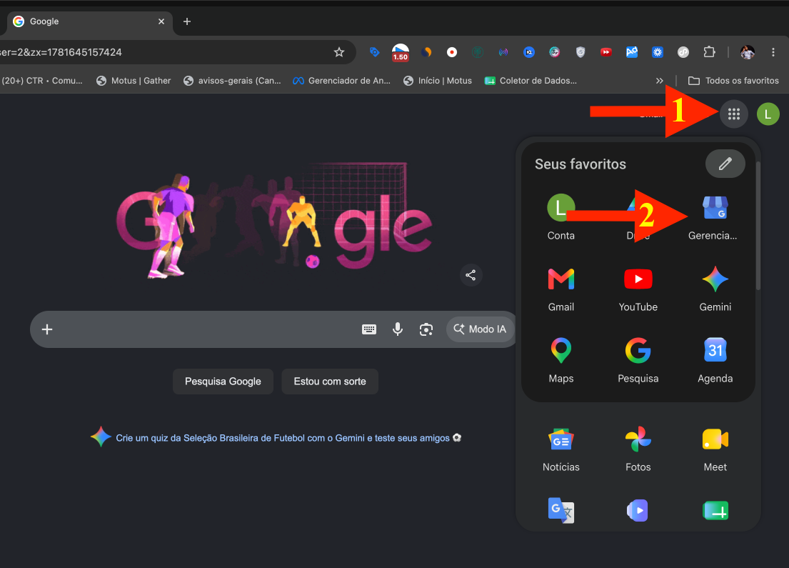 Menu de aplicativos do Google com acesso ao Gerenciador de Perfil de Empresa