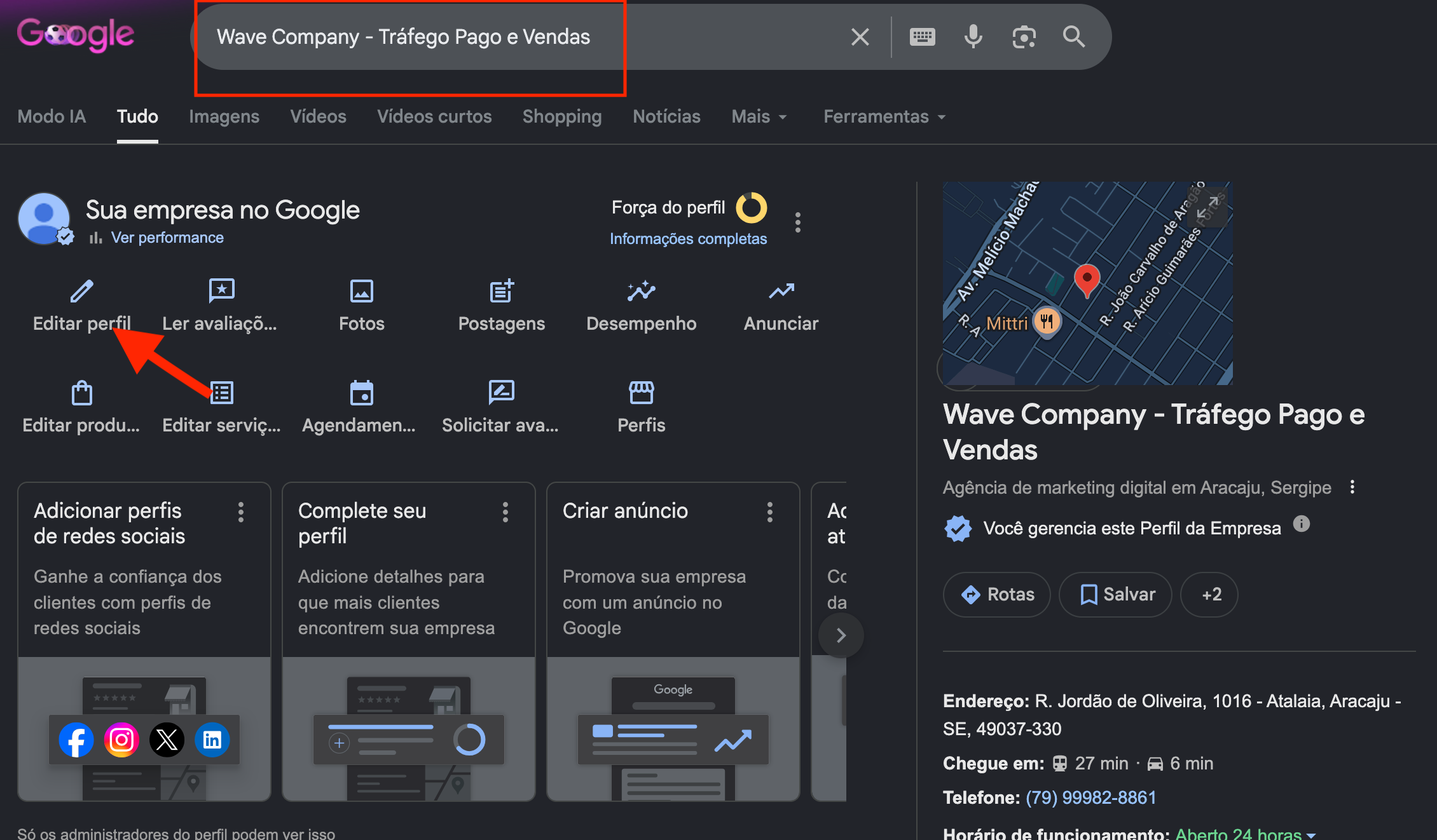 Resultado da busca pelo nome da empresa com o botão Editar perfil em destaque