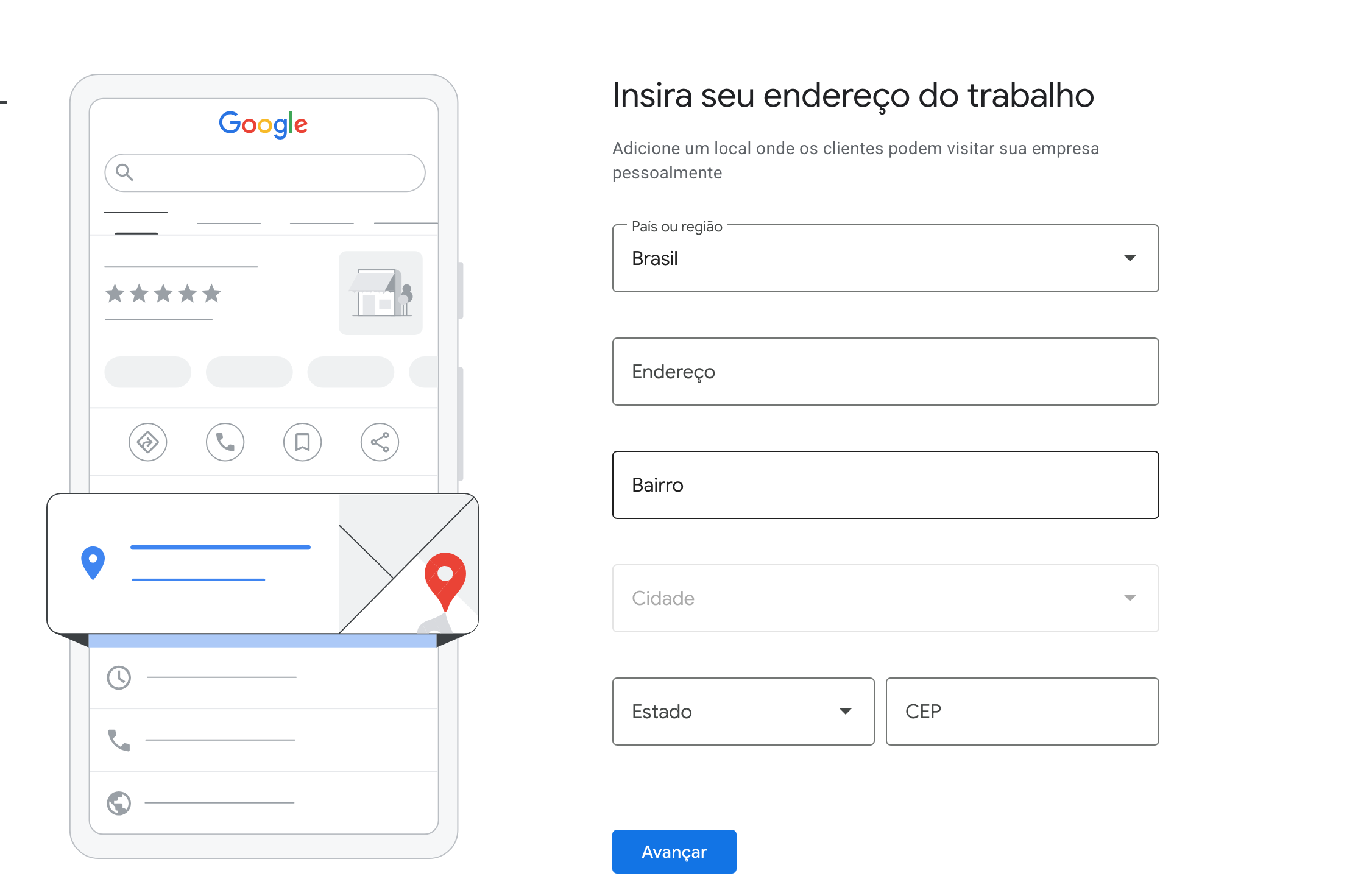 Campo de endereço ao criar o perfil do zero