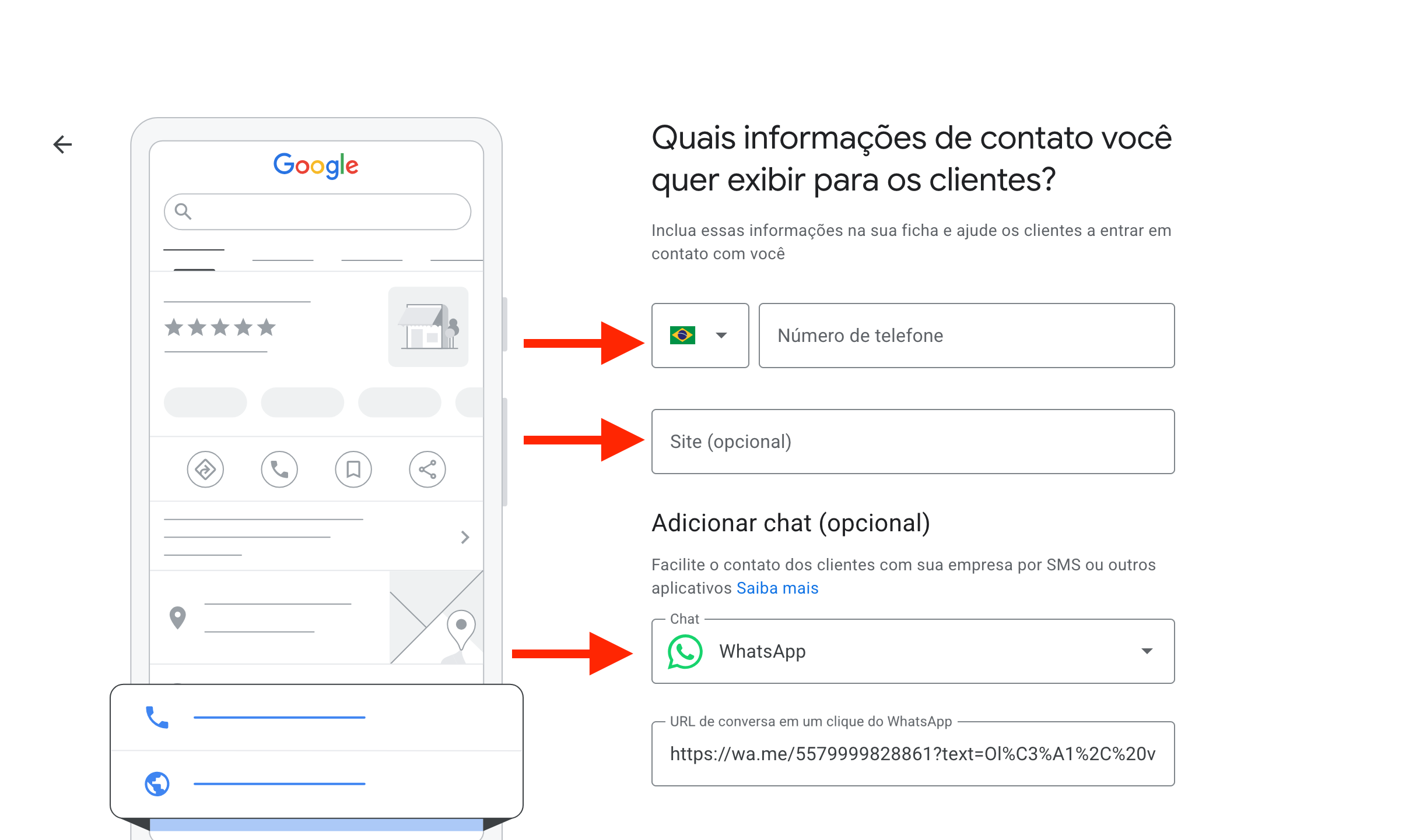 Campos de telefone, WhatsApp e site ao criar o perfil