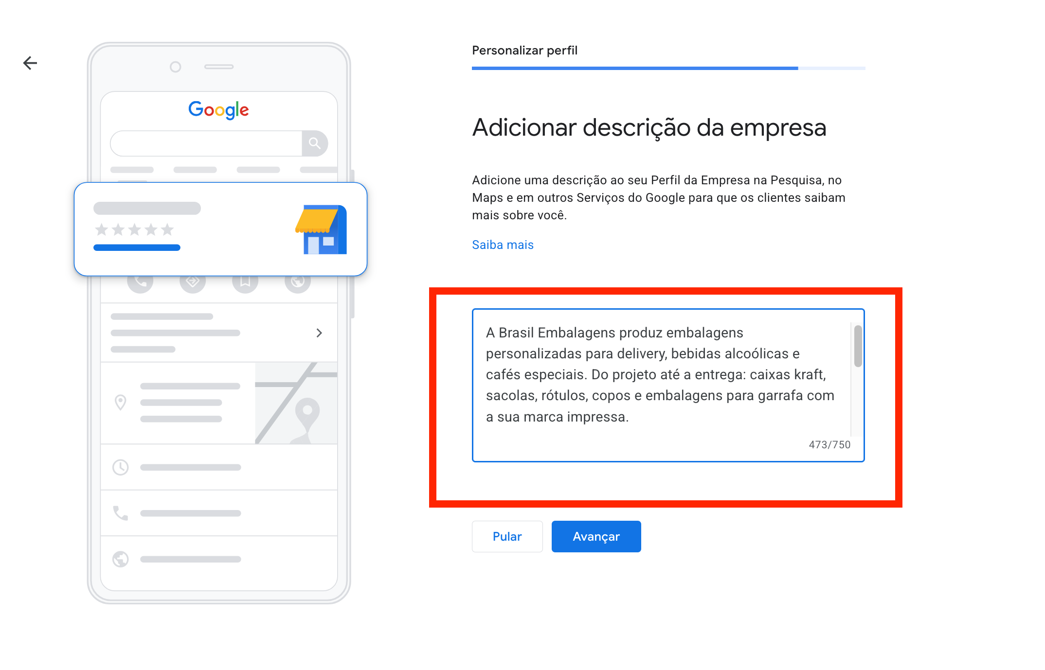 Campo de descrição ao criar o perfil do zero