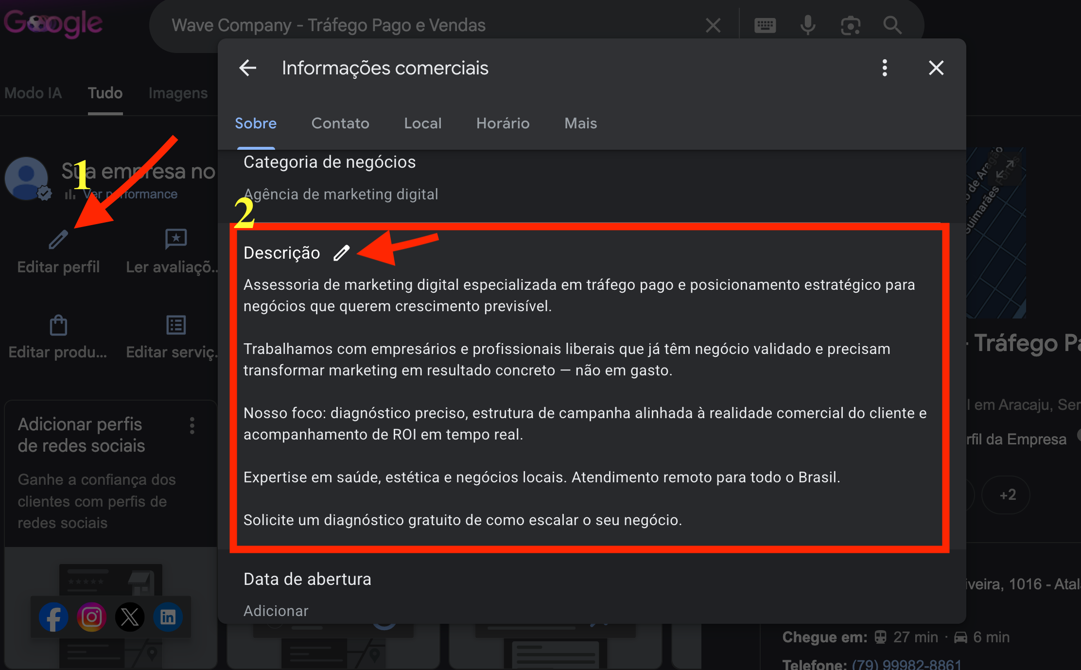 Edição da descrição em um perfil existente