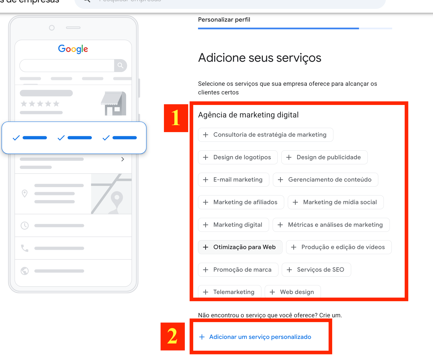 Seleção e criação de serviços ao criar o perfil
