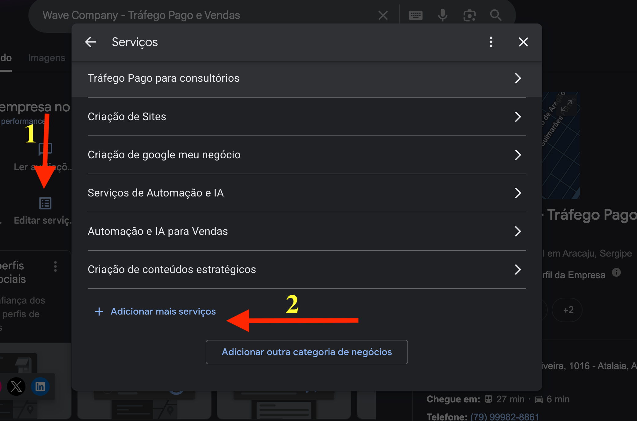 Edição dos serviços em um perfil existente