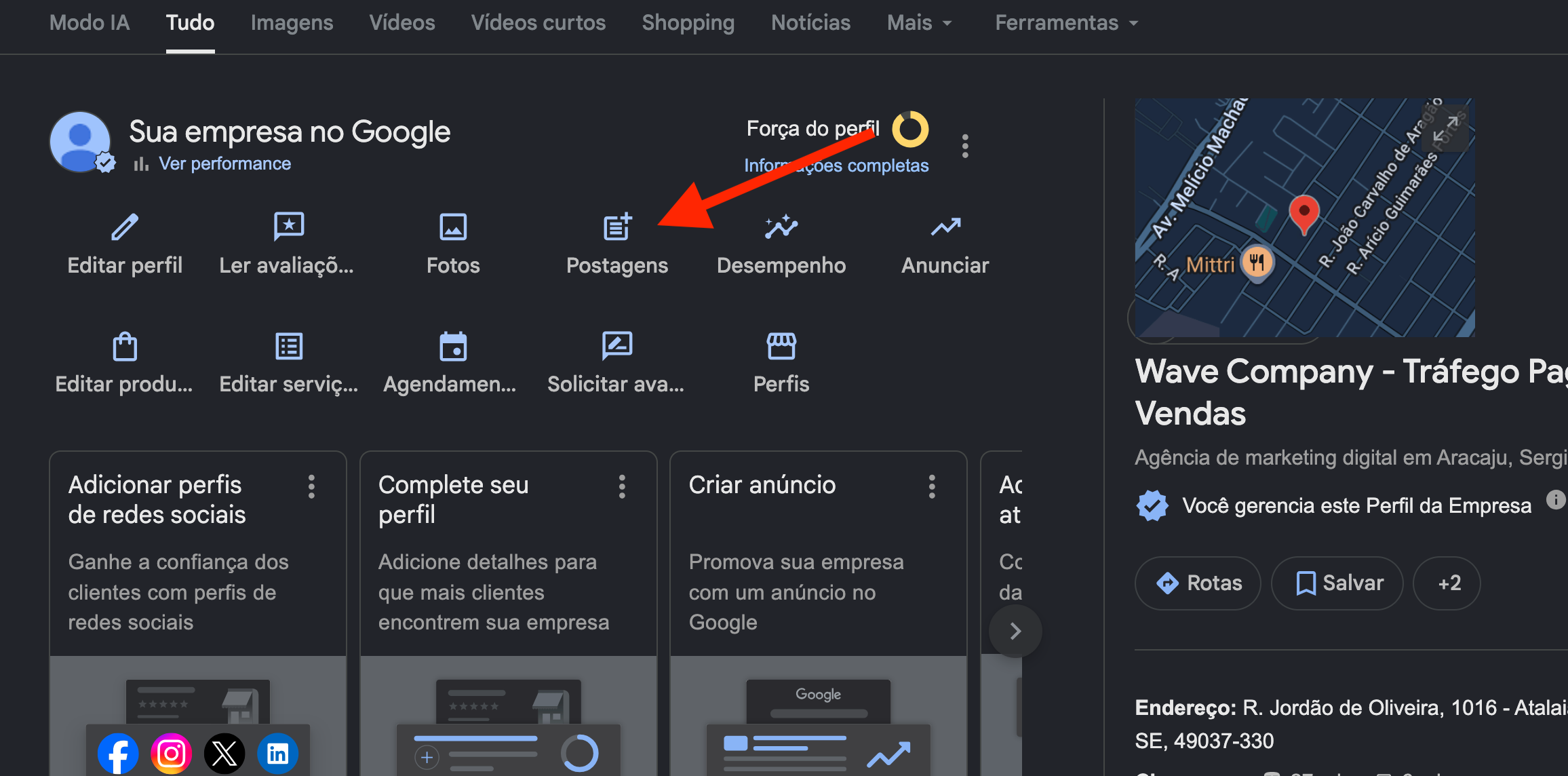 Exemplo de postagem no perfil